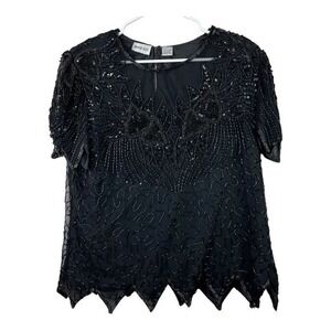 Denise Elle Women Top Blouse Black 100% Silk Size L